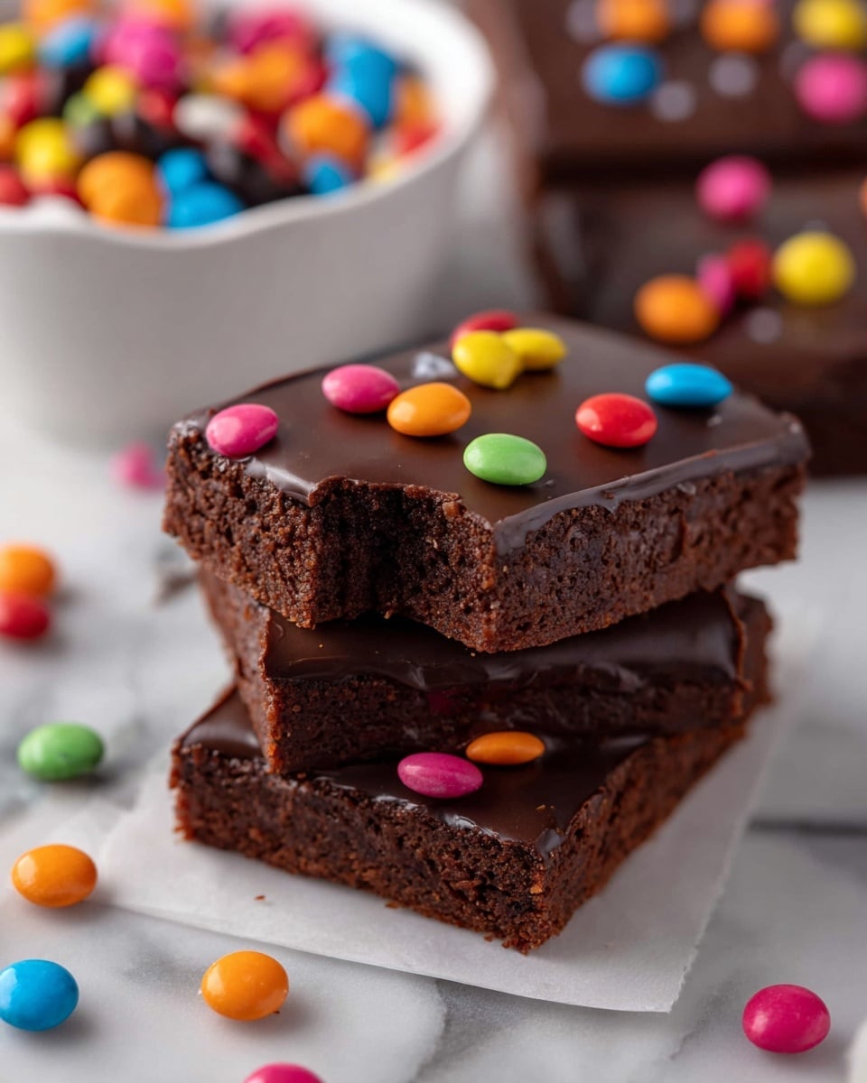 This image shows thick, rectangular chocolate brownies stacked in two layers, each brownie topped with a smooth, shiny dark chocolate glaze. The glaze is decorated with small, colorful candy pieces in bright shades of red, pink, blue, orange, yellow, and green scattered evenly on top. One brownie at the front has a bite taken out of the corner, revealing the dense and moist texture inside. In the background, part of a white bowl filled with the same colorful candies is visible, sitting on a white marbled surface with some candies scattered around. photo taken with an iphone --ar 4:5 --v 7