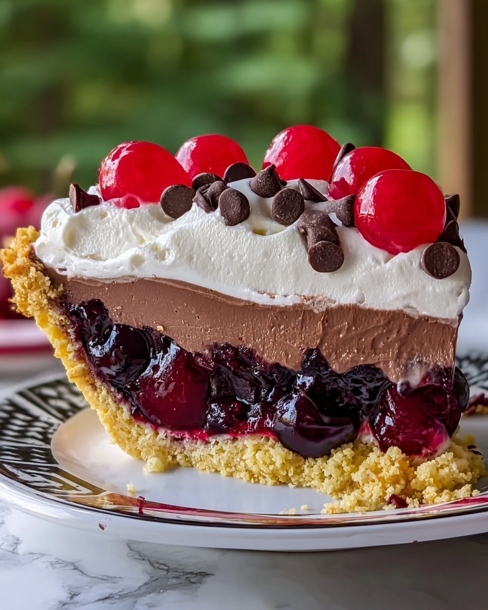 A slice of pie with five layers sits on a white plate with a decorative black and red edge, placed on a white marbled surface. The bottom layer is a light golden crumbly crust, above it is a thin pale yellow layer, then a thick dark red and purple cherry layer full of whole cherries, topped by a smooth creamy chocolate layer. On top is a thick fluffy white whipped cream layer, decorated with shiny red cherries and scattered dark brown chocolate chips. The pie’s crumbly edge is visible on the left side, and the background is softly blurred greenery. Photo taken with an iphone --ar 4:5 --v 7