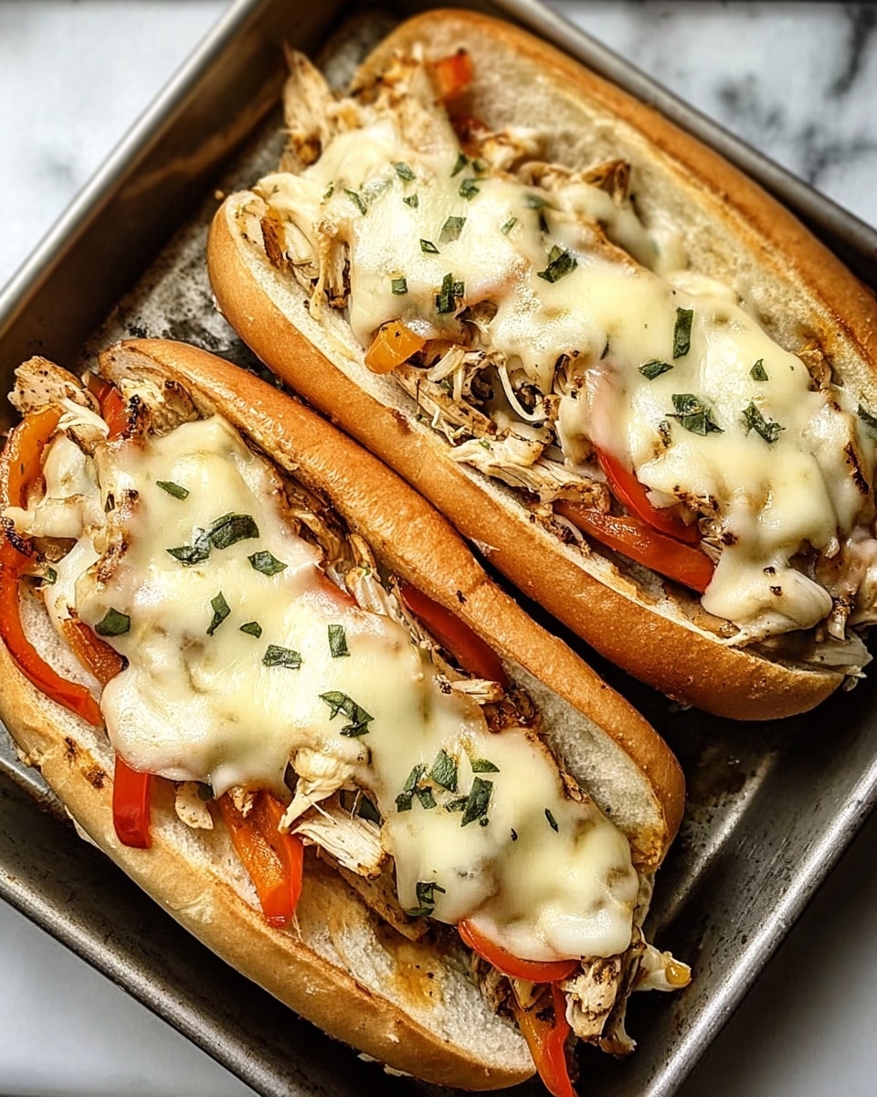 Two sandwiches sit side by side in a baking tray on a white marbled surface, each layered with a soft toasted bun, shredded grilled chicken pieces, slices of cooked red bell pepper, and melted creamy cheese draped over the top with some green herbs sprinkled on the cheese. photo taken with an iphone --ar 4:5 --v 7