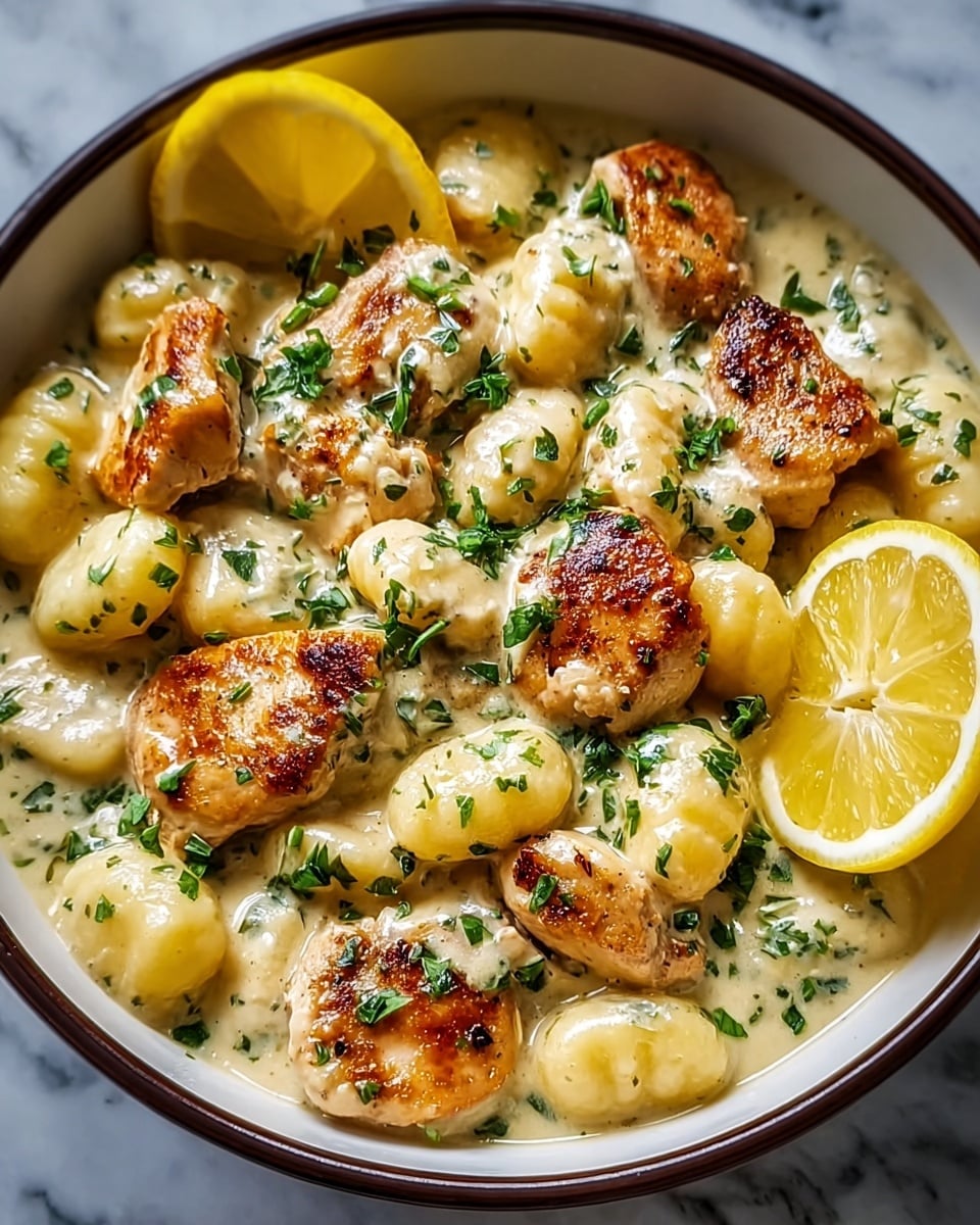 A bowl filled with light golden gnocchi covered in a creamy white sauce speckled with chopped green herbs. On top, there are several browned, seared pieces of chicken with a slightly crispy texture and bits of green herbs. Two lemon slices with bright yellow rinds rest on the side of the bowl. The bowl itself is white with a dark rim and sits on a white marbled surface. photo taken with an iphone --ar 4:5 --v 7