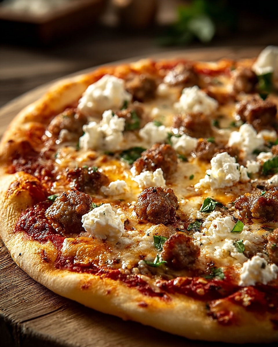 A close-up view of a pizza with a golden-brown crust and a thin layer of red tomato sauce spread evenly underneath melted light yellow cheese. On top, there are small browned sausage pieces scattered all over, along with dollops of white creamy ricotta cheese and bits of green herbs. The pizza rests on a wooden board, with a blurred background showing a rustic setting. The textures include the crispy crust edge, smooth melted cheese, crumbly sausage, and fluffy ricotta. Photo taken with an iphone --ar 4:5 --v 7