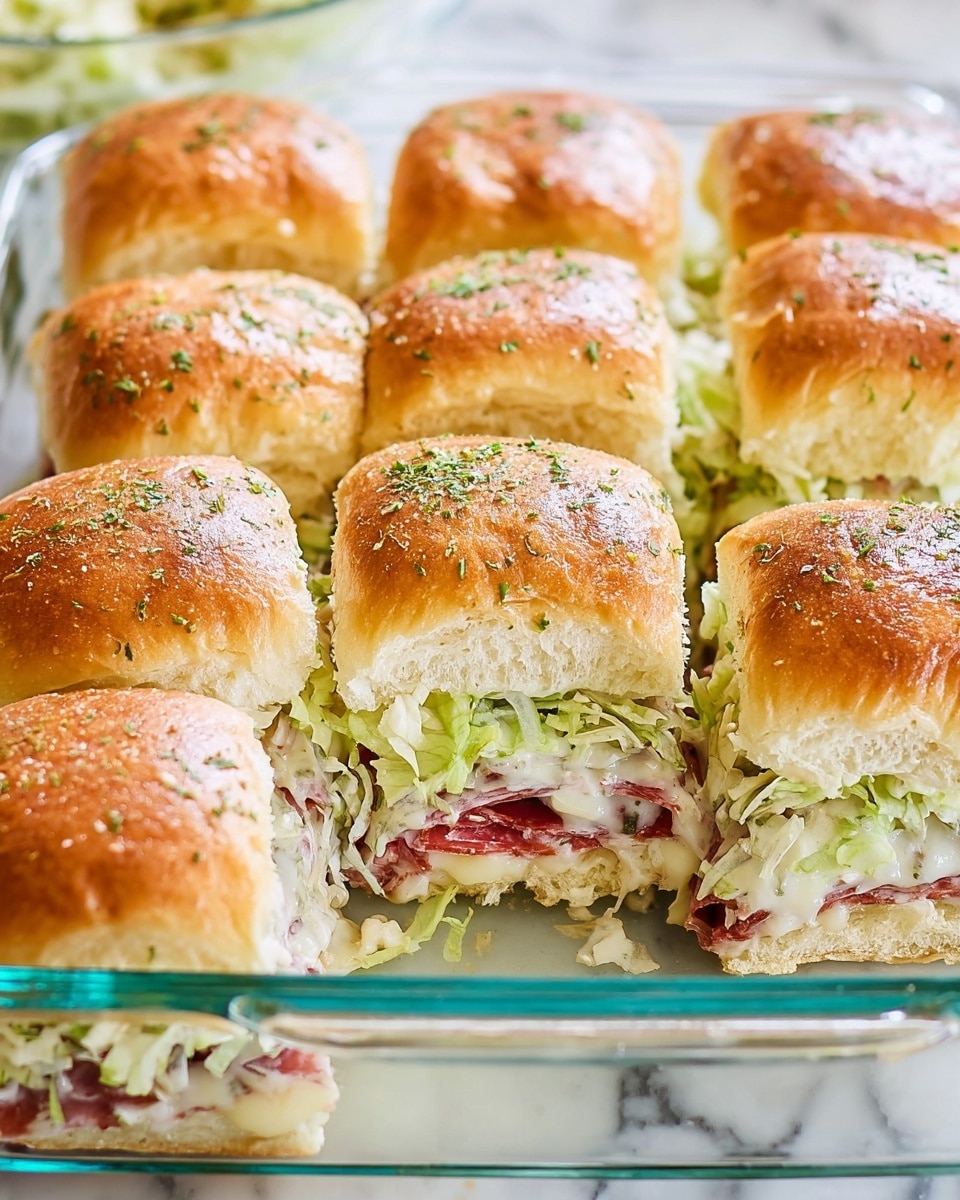 This image shows a glass baking dish filled with nine square sandwich sliders. Each slider has three visible layers: the top layer is a soft, golden-brown bun sprinkled lightly with green herbs, the middle layer contains shredded light green lettuce mixed with creamy dressing and slices of red deli meat, and the bottom layer is melted cheese on a lightly toasted bun base. The sandwiches are placed close together in the dish, showing creamy textures and fresh ingredients between the warm breads. The dish is set on a white marbled surface. photo taken with an iphone --ar 4:5 --v 7