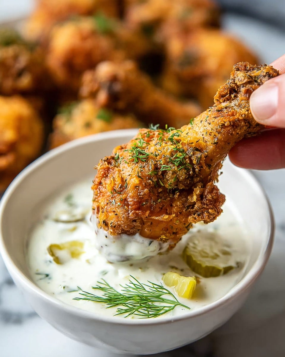 A close-up image shows a crispy golden-brown chicken drumstick covered in small herbs being held by a woman's hand dipping into a white bowl filled with a creamy white sauce with small green pieces inside. The sauce is garnished with bright green pickle slices and fresh dill sprigs on top, all placed on a white marbled surface with blurred chicken pieces in the background. photo taken with an iphone --ar 4:5 --v 7