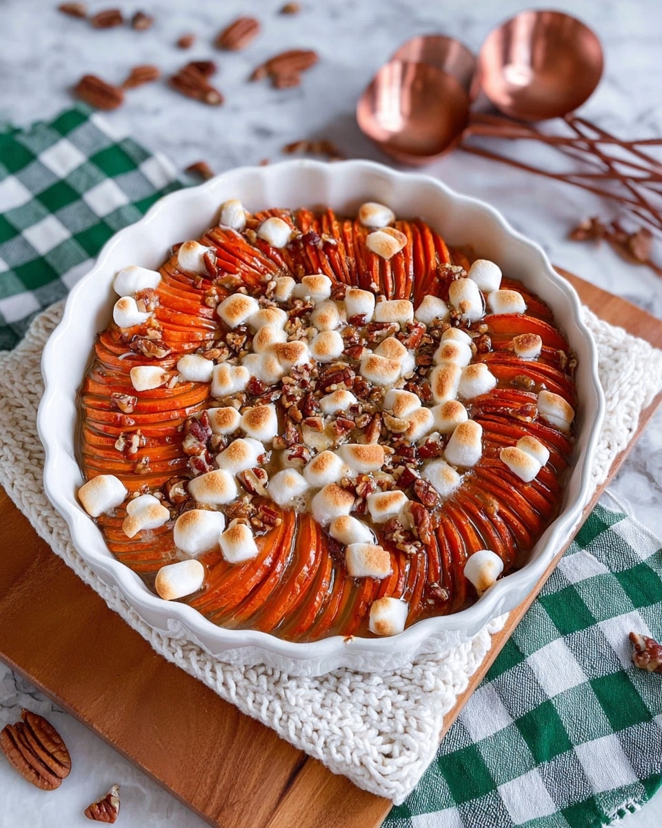 A white scalloped ceramic dish filled with thinly sliced sweet potatoes arranged in overlapping rows forming three main sections. The sweet potato slices are deep orange with a glossy texture, topped with golden toasted mini marshmallows scattered unevenly, some slightly melted into creamy white. Small chopped pecans are sprinkled all over, adding a rough brown texture. The dish sits on a white knitted cloth over a light wooden board, with a green and white checkered cloth nearby and copper measuring spoons in the top right corner, all set on a white marbled surface. photo taken with an iphone --ar 4:5 --v 7