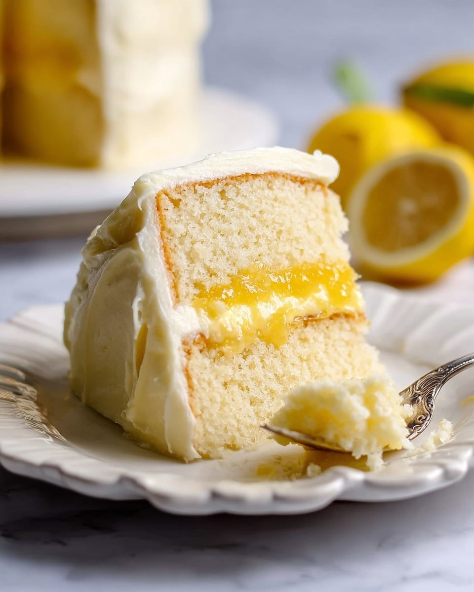 A slice of two-layer lemon cake sits on a white plate with scalloped edges, showing a soft, light yellow sponge texture. Between the cake layers is a bright, glossy yellow lemon curd filling that looks smooth and slightly thick. The outside is coated with a creamy white frosting that appears soft and slightly uneven, giving a homemade feel. A small piece of the cake is on a silver fork resting on the plate to the right. The background features blurred sliced lemons and a white marbled texture surface. Photo taken with an iphone --ar 4:5 --v 7