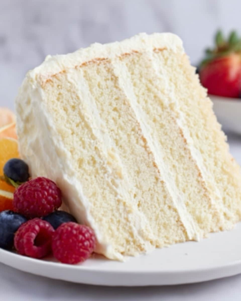 The image shows a slice of white layered cake with four visible soft, fluffy layers separated by creamy white frosting. The cake slice is placed on a white plate with a few fresh red raspberries and dark blueberries on the side. The background is a white marbled texture. The whole scene looks bright and clean, with the focus on the delicate texture of the cake and the fresh fruits next to it. Photo taken with an iphone --ar 4:5 --v 7