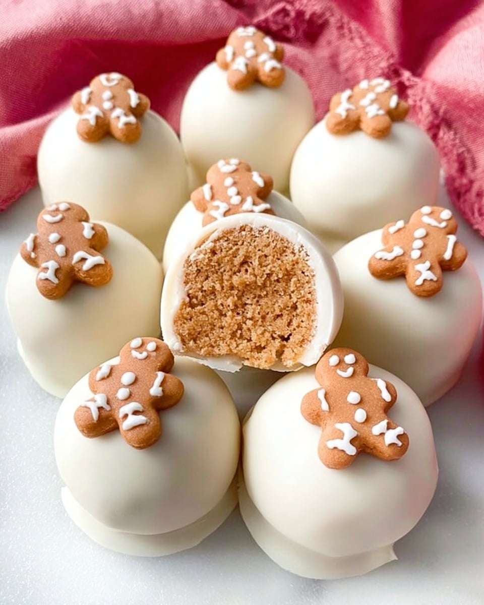A group of round treats with a smooth, white outer coating are arranged together. Each treat is topped with a small, brown gingerbread-shaped decoration featuring simple white icing details. One treat is cut open to show its inside, which is a soft, crumbly light brown layer. The treats sit on a flat white marbled surface, with a pink cloth or background element partially visible behind them. Photo taken with an iphone --ar 4:5 --v 7