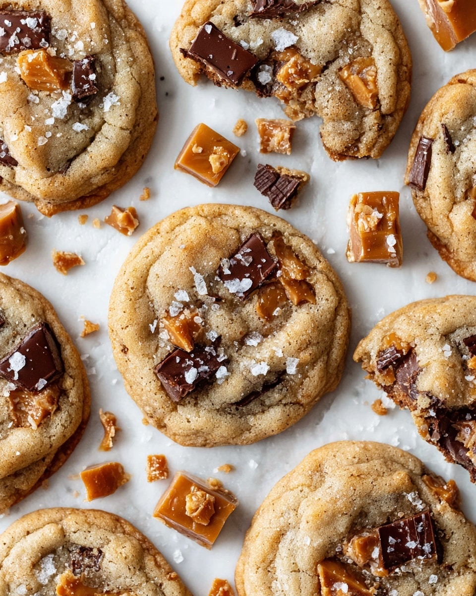 The image shows several round cookies placed on a white marbled surface. Each cookie is light brown and soft textured, filled with chunks of dark chocolate and pieces of caramelized toffee scattered across and slightly embedded in the dough's surface. Some cookies are whole, while one is split into halves revealing the chewy center with gooey chocolate and toffee bits. Small flakes of white sea salt are sprinkled generously over all the cookies and scattered pieces of toffee and chocolate around them. The cookies appear slightly thick and have a homemade rustic look. photo taken with an iphone --ar 4:5 --v 7