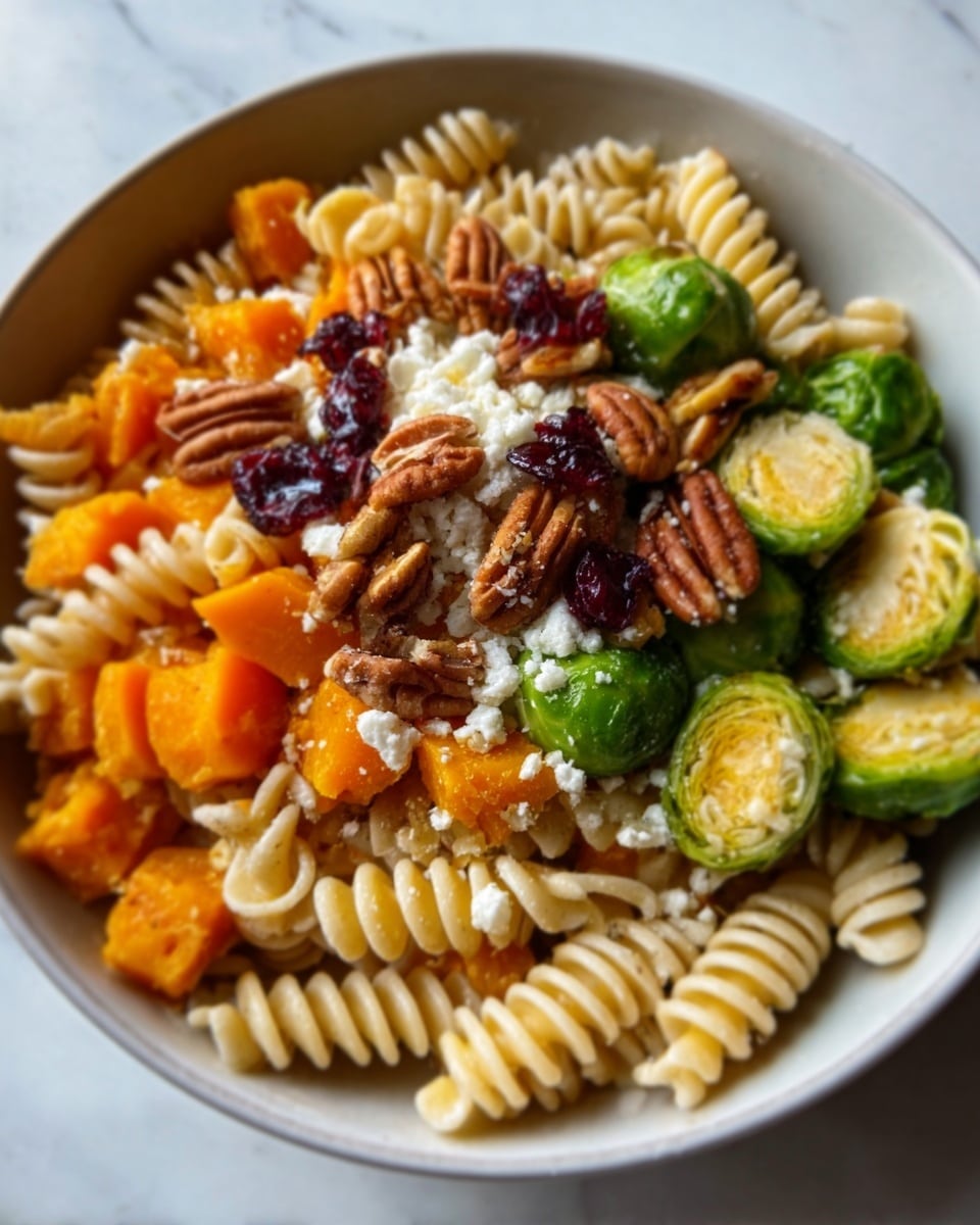 The image shows a white bowl filled with three layers of food. The bottom layer is made of short corkscrew-shaped pasta in a light cream color. The second layer contains bright orange chunks of butternut squash and halved green Brussels sprouts with a smooth texture. The top layer has whole pecans, small red dried cranberries, and a sprinkle of crumbled white cheese, all arranged evenly over the vegetables and pasta. The bowl sits on a white marbled surface. photo taken with an iphone --ar 4:5 --v 7