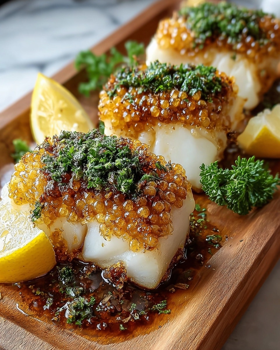 Three pieces of white fish fillets are placed on a wooden board, each topped with a crispy golden-brown crust made of tiny, round, crunchy spheres. On top of the crust is a layer of finely chopped green herbs mixed with a shiny glaze. Around the fish, there are fresh lemon wedges and small sprigs of parsley adding bright yellow and green colors to the scene. The wooden board shows light glistening from the sauce beneath the fish. The background features a white marbled texture. Photo taken with an iphone --ar 4:5 --v 7