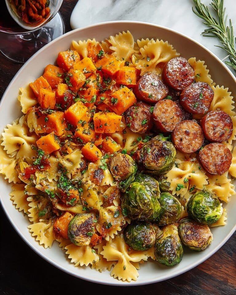 Autumn Sausage Pasta with Roasted Butternut Squash and Brussels Sprouts Recipe