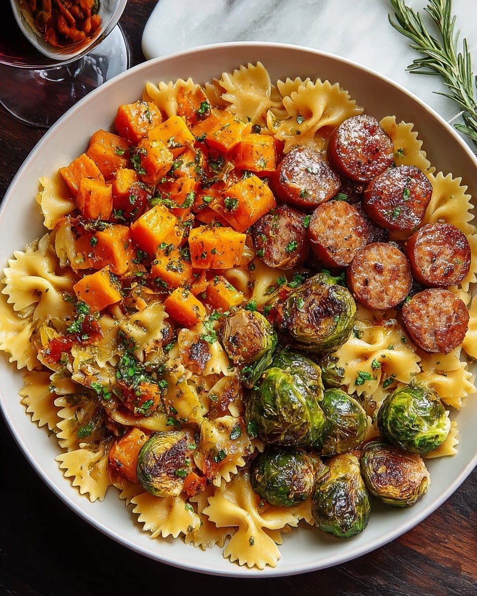 A white plate holds a colorful dish with four main sections. The bottom left layer is cooked farfalle pasta mixed with bright orange roasted pumpkin slices and green Brussels sprouts. Above it, the top left area shows a heap of cubed, roasted orange pumpkin pieces, glistening with oil and herbs. To the right, Brussels sprouts that are roasted to a golden brown are scattered, showing a tender inside with a slightly crispy outer layer. The top right section consists of thick, browned sausage slices arranged neatly, showing a juicy texture with a caramelized surface. The dish is sprinkled with finely chopped fresh herbs for a touch of green. The whole setting sits on a white marbled surface with a wine glass partially showing on the left. photo taken with an iphone --ar 4:5 --v 7