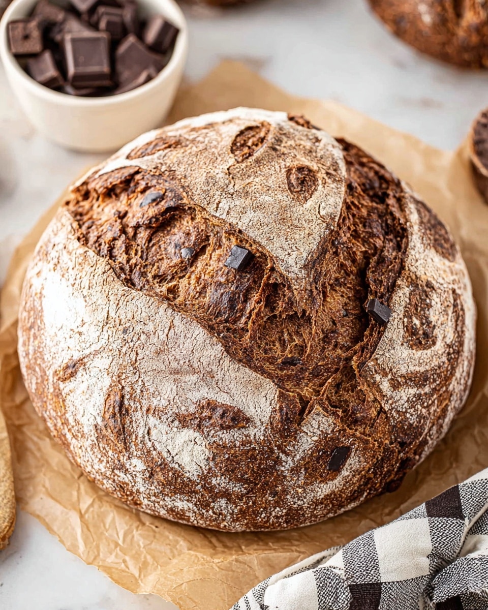 A round, rustic loaf of bread with a thick, dark brown crust that has a lightly floured surface, featuring deep cracks and swirls in the crust revealing a dense texture. There are visible chunks of dark chocolate embedded within the bread. It sits on light brown paper over a white marbled texture, with a corner of a white bowl with dark chocolate pieces and a white-and-black checkered cloth partially in view nearby. Photo taken with an iphone --ar 4:5 --v 7