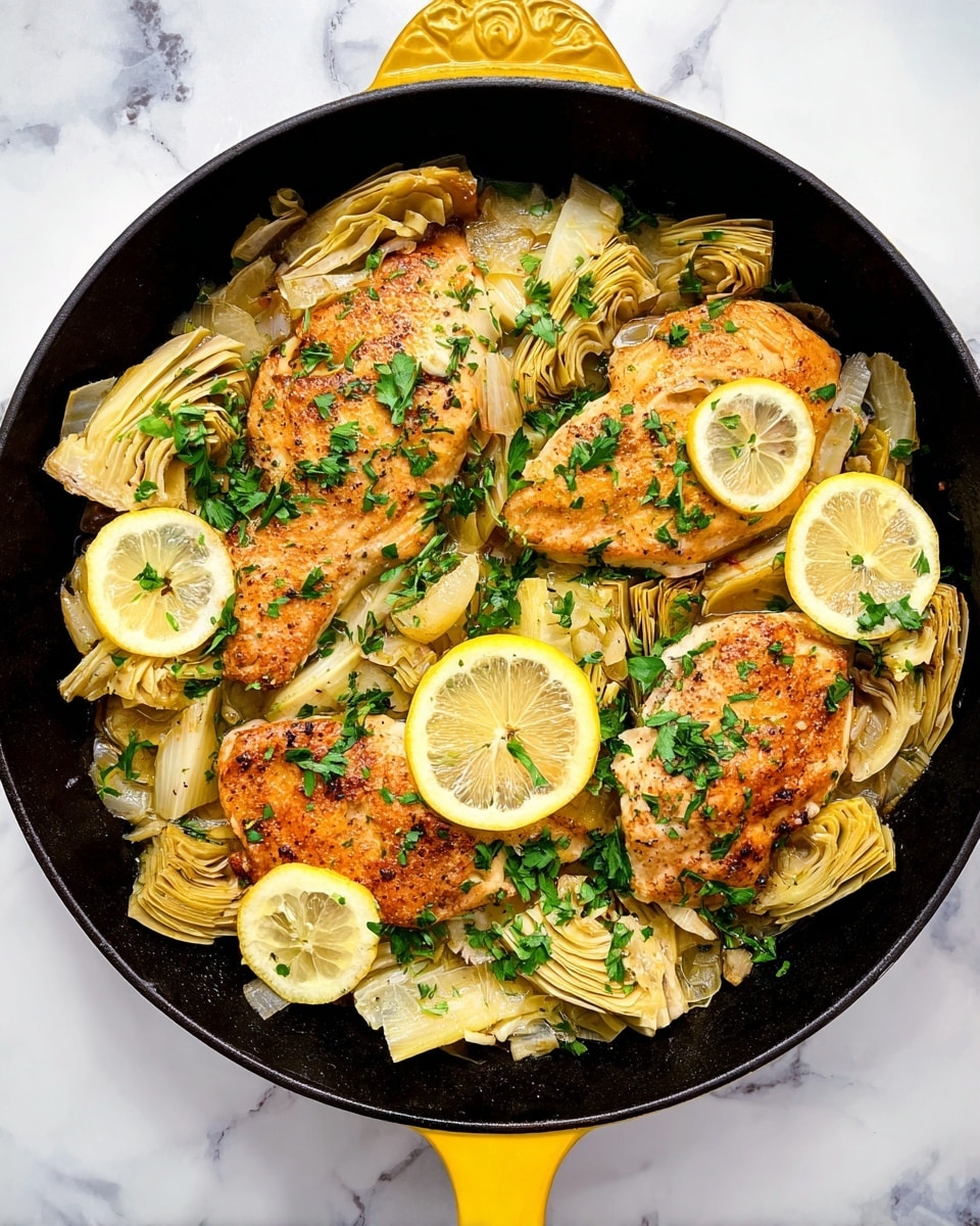 The image shows a black cast iron skillet with a yellow handle on a white marbled surface. Inside the skillet, there are three golden-brown cooked chicken breasts placed on a bed of soft artichoke pieces with a light yellow-green color and tender texture. Thin lemon slices are scattered across the top of the chicken and artichokes, adding bright yellow highlights. Fresh chopped green parsley is sprinkled over everything, giving a fresh, vibrant touch. The dish looks warm, juicy, and well-seasoned, with a mix of textures from the tender artichokes, juicy chicken, and citrus slices. Photo taken with an iphone --ar 4:5 --v 7