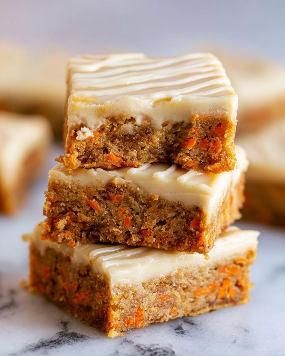 The image shows a close-up of three square dessert bars stacked on top of each other on a white marbled surface. Each bar has two clear layers: the bottom layer is a moist, dense cake-like texture with visible small orange carrot bits, brown in color, and the top layer is a smooth, creamy beige frosting with faint drizzle lines on top, creating a slightly textured look. The bars have clean-cut edges, and the top bar has a small bite taken from one corner, revealing the soft inside of both layers. Photo taken with an iphone --ar 4:5 --v 7