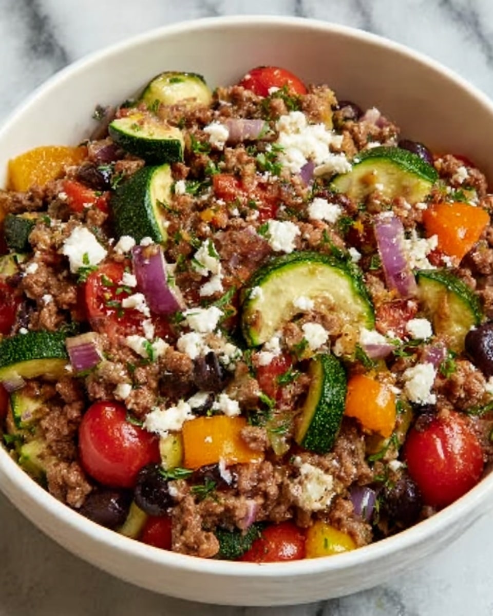 A white bowl filled with a colorful cooked ground meat and vegetable mix. There are red cherry tomatoes, yellow and orange bell pepper pieces, green zucchini slices, red onion chunks, and dark olives all mixed in with the browned ground meat. On top, there are crumbles of white cheese and small bits of green herbs scattered around. The food looks fresh and well combined, sitting against a white marbled background. Photo taken with an iphone --ar 4:5 --v 7