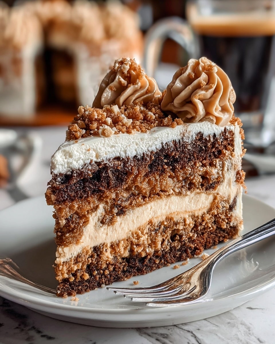 A slice of layered cake sits on a white plate with a shiny fork beside it, resting on a white marbled texture surface. The cake has three main layers: the bottom and top layers are dark brown, crumbly textured cake, and the middle layer is a lighter brown creamy filling. Above the top cake layer is a thick layer of off-white frosting, and on top of this frosting are two light brown swirls of piped cream, with a sprinkling of crumbly cake bits and a dusting of powdered sugar. The background shows a blurred cake and a glass with dark coffee. Photo taken with an iphone --ar 4:5 --v 7