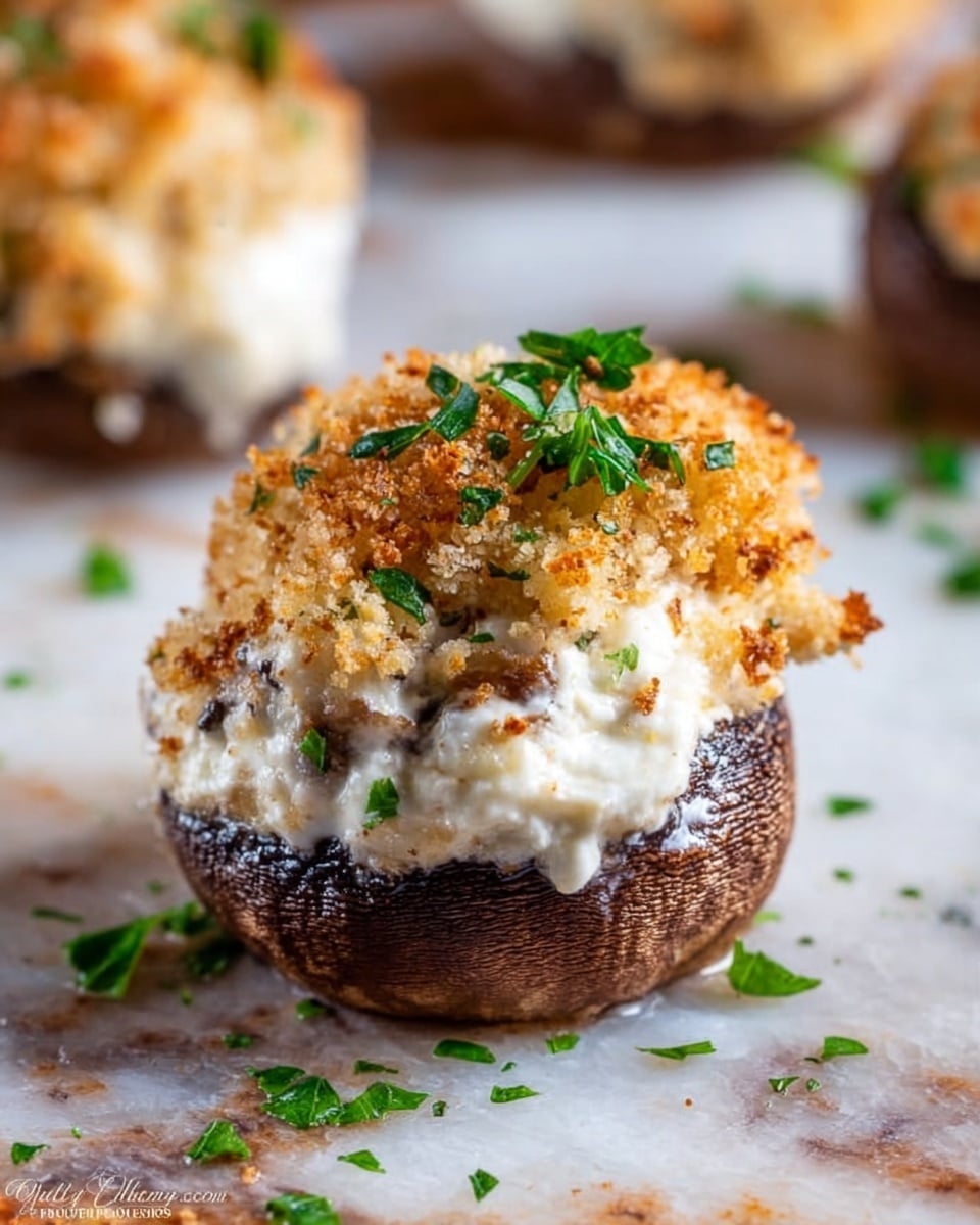 A close-up of a stuffed mushroom showing three main layers: the dark brown mushroom base with a shiny texture at the bottom, a thick creamy white cheese filling in the middle, and a golden brown breadcrumb topping with a crispy texture on top, garnished with small green parsley pieces. The background is a white marbled texture with a few scattered green parsley bits around the mushroom. photo taken with an iphone --ar 4:5 --v 7