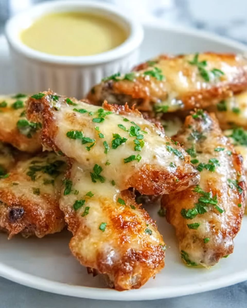 The image shows a white plate with six golden brown chicken wings coated in a creamy, melted cheese sauce. The chicken wings have a crispy texture with some browning on the edges. Chopped green herbs are sprinkled evenly on top, adding a fresh touch of color. In the blurred background, there is a small white bowl filled with a pale yellow dipping sauce. The scene is set on a white marbled surface. photo taken with an iphone --ar 4:5 --v 7