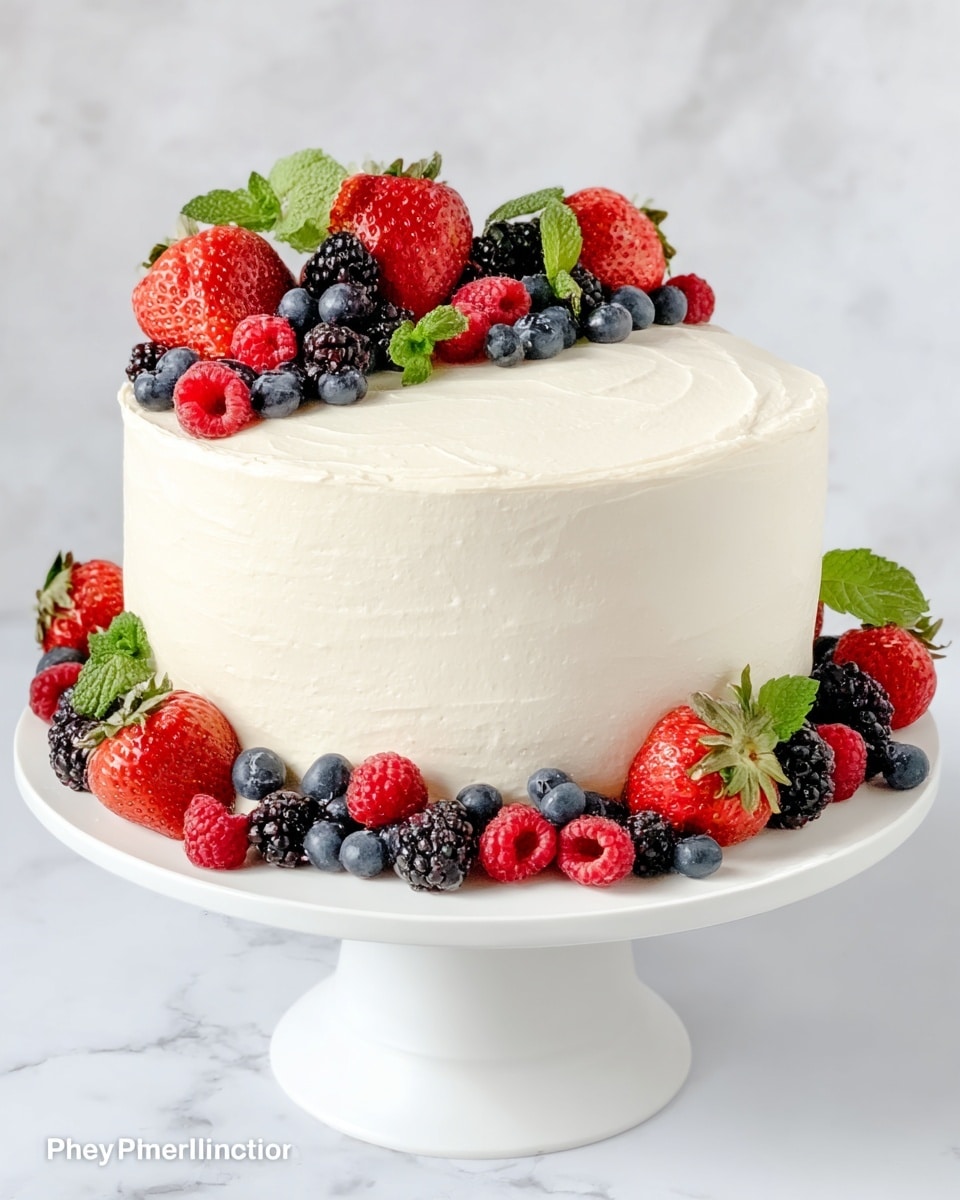 A round cake with smooth white frosting covers three layers, standing on a white cake stand with a simple design. Fresh strawberries, halved and whole, blackberries, blueberries, and raspberries are evenly placed around the base and top edge of the cake, creating a colorful, natural border. Bright green mint leaves are mixed in with the berries on top, adding a touch of freshness. The background is a white marbled texture, giving a clean and elegant look. Photo taken with an iphone --ar 4:5 --v 7
