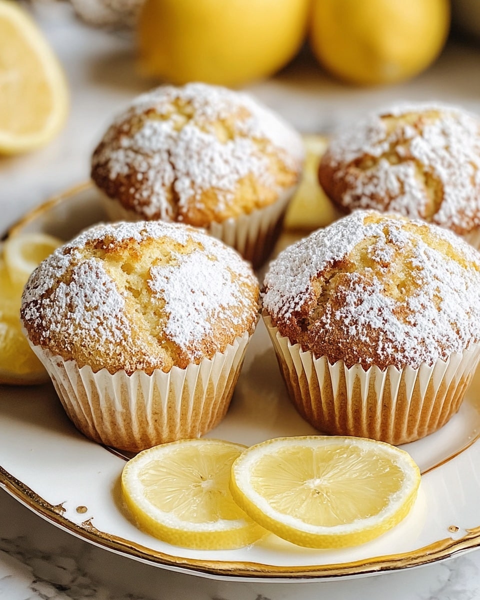 The image shows four golden-brown muffins with a slightly cracked top, covered with a dusting of white powdered sugar, sitting on a white plate with a decorative gold rim. Around the muffins, there are several thin lemon slices arranged around the front edge of the plate. The muffins have a soft, textured look with white paper cupcake liners. The background features a white marbled texture with soft yellow objects blurred in the distance. photo taken with an iphone --ar 4:5 --v 7