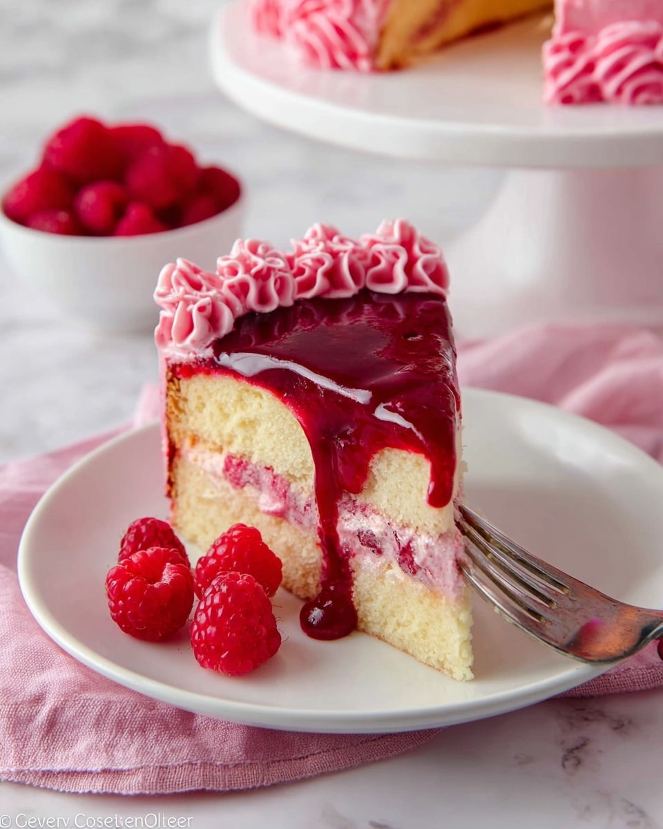A slice of layered cake sits on a white plate on a white marbled surface. The cake has three layers: the bottom and middle layers are light yellow sponge cake, separated by pink cream with bits of raspberry. The top layer is covered with a thick, glossy deep red raspberry sauce that drips slightly down the sides. The very top edge of the cake is decorated with pink piped cream swirls. Next to the cake slice on the plate are a few fresh red raspberries. A woman's hand holding a fork rests on the edge of the plate. In the background, a small white bowl full of red raspberries and a white cake stand with a pink cloth underneath complete the scene. Photo taken with an iphone --ar 4:5 --v 7