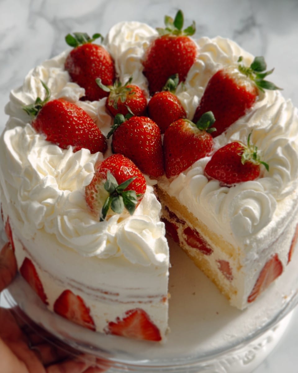 A round cake with three visible layers, each separated by smooth white cream. The top layer is covered with whipped cream swirls, each topped with whole and halved bright red strawberries with green leaves. The sides of the cake show a glimpse of soft light yellow sponge underneath the cream. The cake sits on a white plate, placed on a white marbled surface. A woman's hand is gently holding a slice being lifted from the cake. photo taken with an iphone --ar 4:5 --v 7