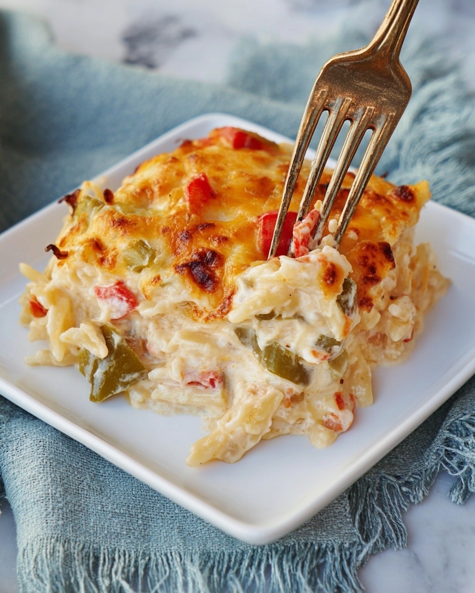 A creamy baked pasta dish sits on a white square plate, showing several layers: the base has soft, light yellow noodles mixed with diced green and red peppers. The middle layer is a thick, white creamy sauce binding the noodles and vegetables together, visible in uneven clumps. The top layer is golden melted cheese with browned spots, giving a slightly crispy texture. An old bronze fork presses lightly into the pasta from the top right. The plate rests on a light blue fringed fabric over a white marbled surface. Photo taken with an iphone --ar 4:5 --v 7