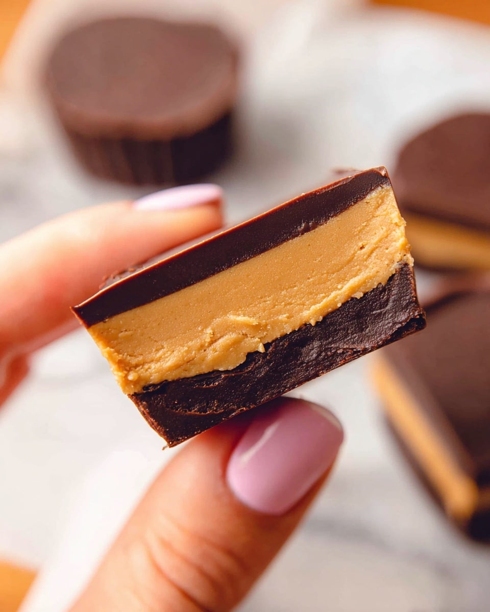 A close-up image shows a small rectangular chocolate treat held by a woman's hand with light pink nails. The treat has three layers: a thick, smooth dark brown chocolate outer layer that fully covers the sides, top, and bottom, an inner medium brown, smooth and creamy peanut butter layer at the center, and a thin, slightly darker chocolate base supporting the peanut butter center. The background shows blurred similar chocolates on a white marbled surface. photo taken with an iphone --ar 4:5 --v 7
