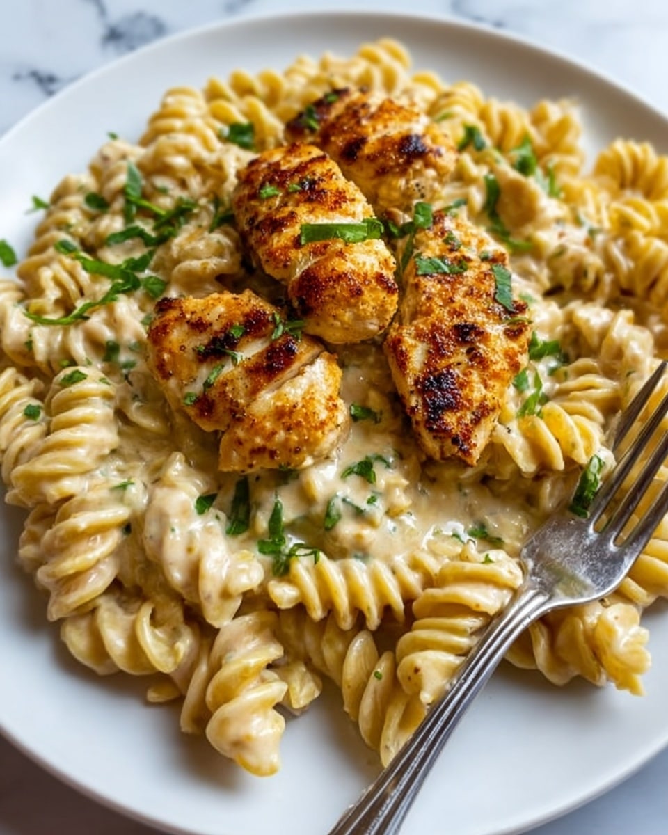 The image shows a plate of creamy pasta with rotini noodles covered in a light, beige cream sauce. On top, there are several pieces of grilled chicken with a golden-brown, slightly charred surface, placed in the center. Fresh green herbs are sprinkled on top, adding a touch of color. A white plate holds the food, and a fork lies on the right side. The background is a white marbled texture. photo taken with an iphone --ar 4:5 --v 7