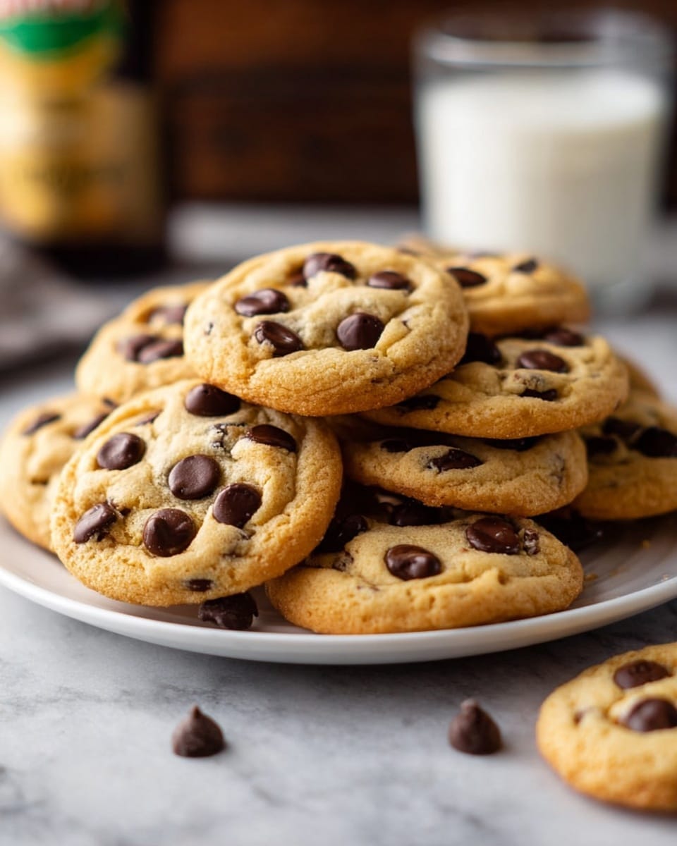 A white plate holds a pile of golden-brown chocolate chip cookies, each cookie showing a soft texture with many dark brown chocolate chips scattered unevenly on the slightly cracked surface. The cookies are stacked in layers, some overlapping, with a few chocolate chips lying on the white marbled surface around the plate. In the blurred background, there is a bottle and a glass of milk, creating a warm, cozy feel. photo taken with an iphone --ar 4:5 --v 7