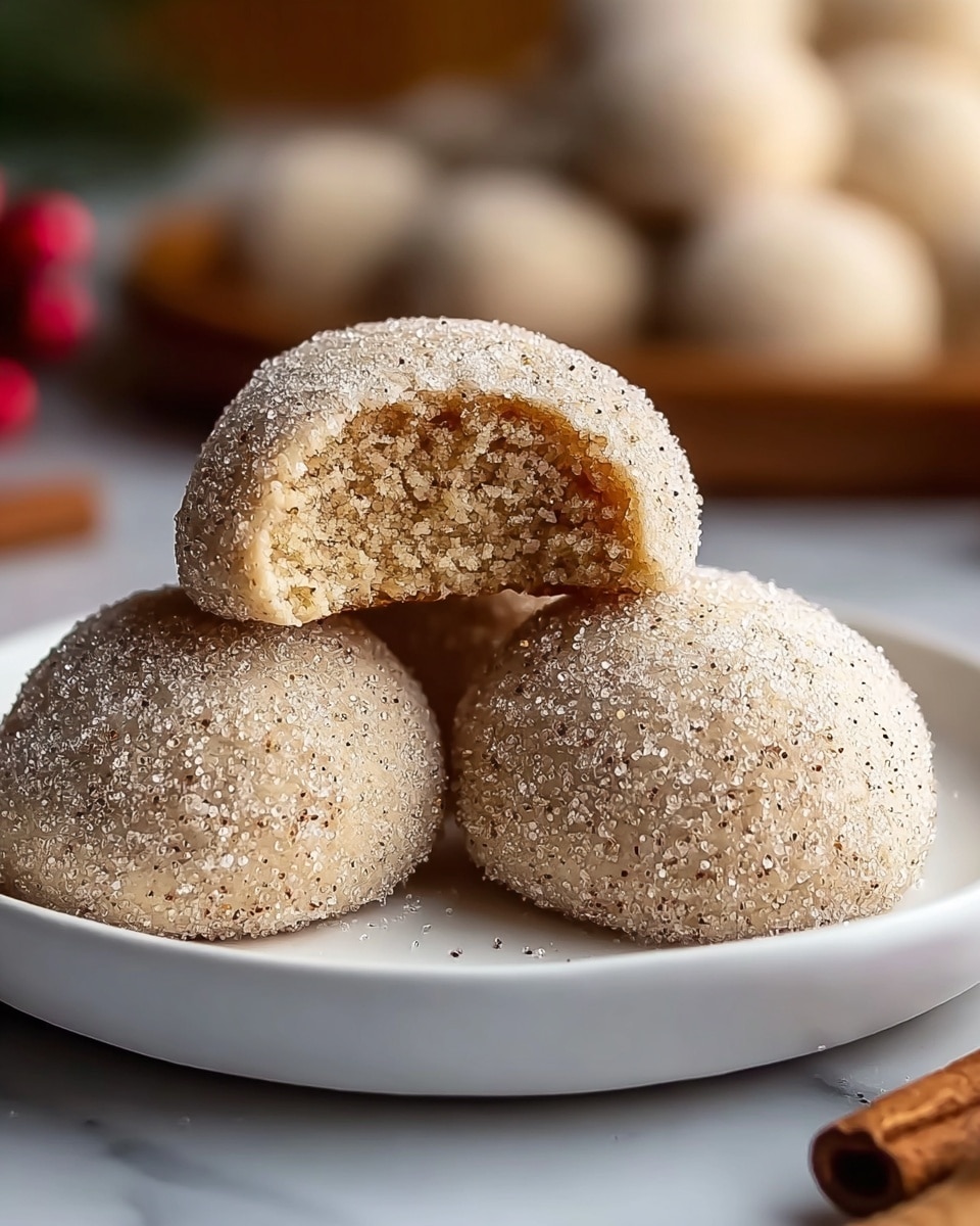 The image shows four round cookies on a white plate placed on a white marbled surface, three whole cookies at the bottom and one cookie on top with a bite taken out showing a soft, grainy light brown inside. Each cookie is covered in a rough layer of granulated sugar, giving a sparkling texture uniformly all over. The cookies have a light beige to off-white color beneath the sugar, smooth and rounded in shape. In the blurred background, more unbaked dough balls and a cinnamon stick can be seen, adding warmth and depth. The lighting highlights the sugar crystals and the soft inside texture clearly, creating a cozy and inviting feel. photo taken with an iphone --ar 4:5 --v 7