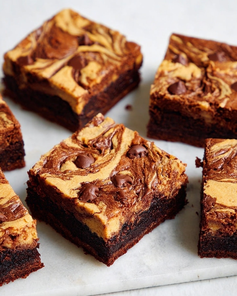The image shows five square brownies with a two-layer look placed on a white marbled surface. The bottom layer is dark brown, moist, and rich chocolate, while the top layer is a lighter tan color with smooth swirls of darker brown running through it, giving a marbled effect. The brownies have a soft, slightly crumbly texture on the edges, and each piece is cut evenly with clear lines. The swirls on the top layer are in random patterns with some small chocolate chips visible, adding texture. photo taken with an iphone --ar 4:5 --v 7