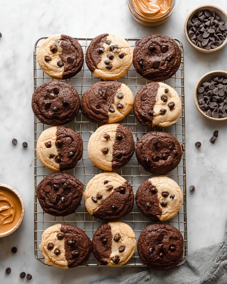 The image shows a collection of round cookies arranged on a metal cooling rack placed on a white marbled surface. Each cookie is divided into two equal halves: one half is light beige with a soft, slightly textured surface dotted with small, dark brown chocolate chips, while the other half is dark brown with a rich, smooth texture also studded with chocolate chips. One cookie near the top right has a visible bite taken, revealing a soft, chewy inside with tiny chocolate chunks. Surrounding the rack are small bowls and containers with peanut butter and chocolate chips. The overall look is cozy and inviting, with a contrast between the two cookie halves clearly visible. photo taken with an iphone --ar 4:5 --v 7
