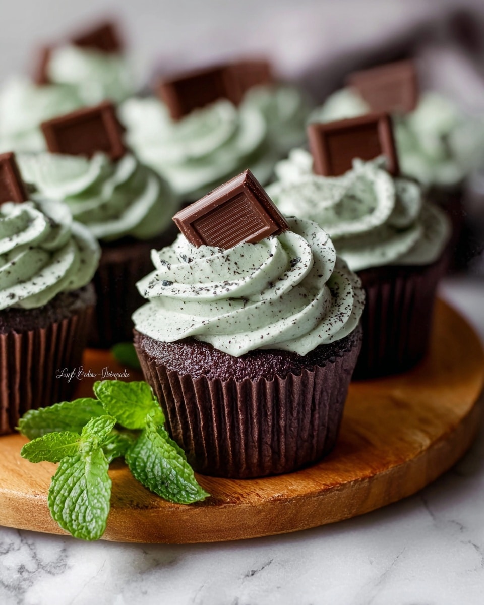 A group of chocolate cupcakes in dark brown liners sits on a round wooden board, each topped with one thick swirl of pale green mint-flavored frosting speckled with tiny dark bits, forming soft peaks. Each swirl holds a small square of chocolate standing up near the back edge of the frosting. At the front of the wooden board lies a fresh sprig of bright green mint leaves showing clear texture and veins. The setting is on a white marbled surface blurred in the background. photo taken with an iphone --ar 4:5 --v 7