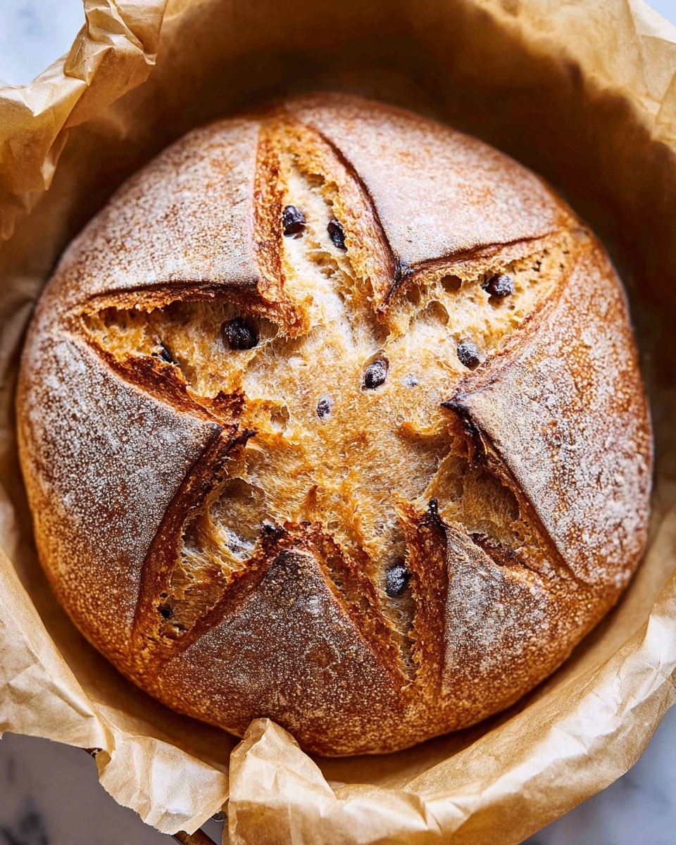 A round loaf of rustic bread is shown with a golden-brown crust and a cracked top pattern forming a star shape with deep fissures exposing the light, airy inner crumb. Scattered dark bits are embedded in the crust, creating contrast against the warm tan and light beige tones of the bread. The loaf rests on crumpled parchment paper inside a container, set against a white marbled surface. photo taken with an iphone --ar 4:5 --v 7