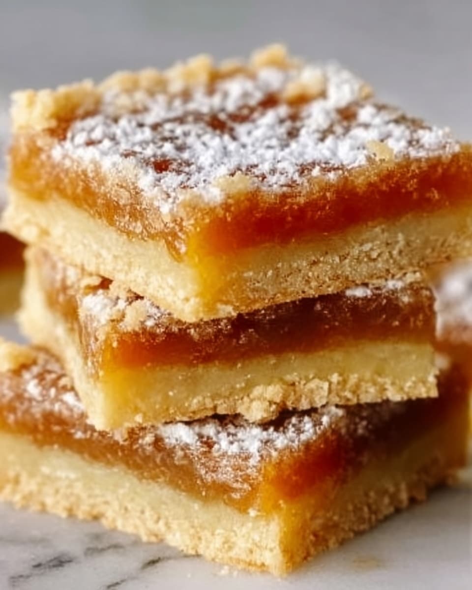 The image shows a stack of three square dessert bars on a white marbled surface. Each bar has three layers: the bottom layer is a light golden crust with a slightly crumbly texture, the middle layer is a thick, shiny amber-colored filling that looks smooth and sticky, and the top layer is another crumbly crust with powdered sugar sprinkled over it, adding a soft white dusting. The bars are neatly cut and stacked in a slightly uneven pile, highlighting the thickness of each layer clearly. Photo taken with an iphone --ar 4:5 --v 7