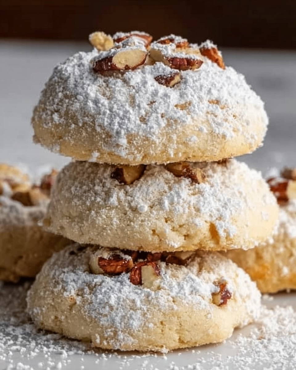 The image shows three soft round cookies stacked on a white marbled surface. Each cookie has a light golden color and a soft texture, dusted generously with powdered sugar. On top of each cookie, there are small pieces of chopped nuts adding some texture and a touch of brown color against the white sugar. The cookies appear slightly crumbly and thick, giving a homemade feel. photo taken with an iphone --ar 4:5 --v 7