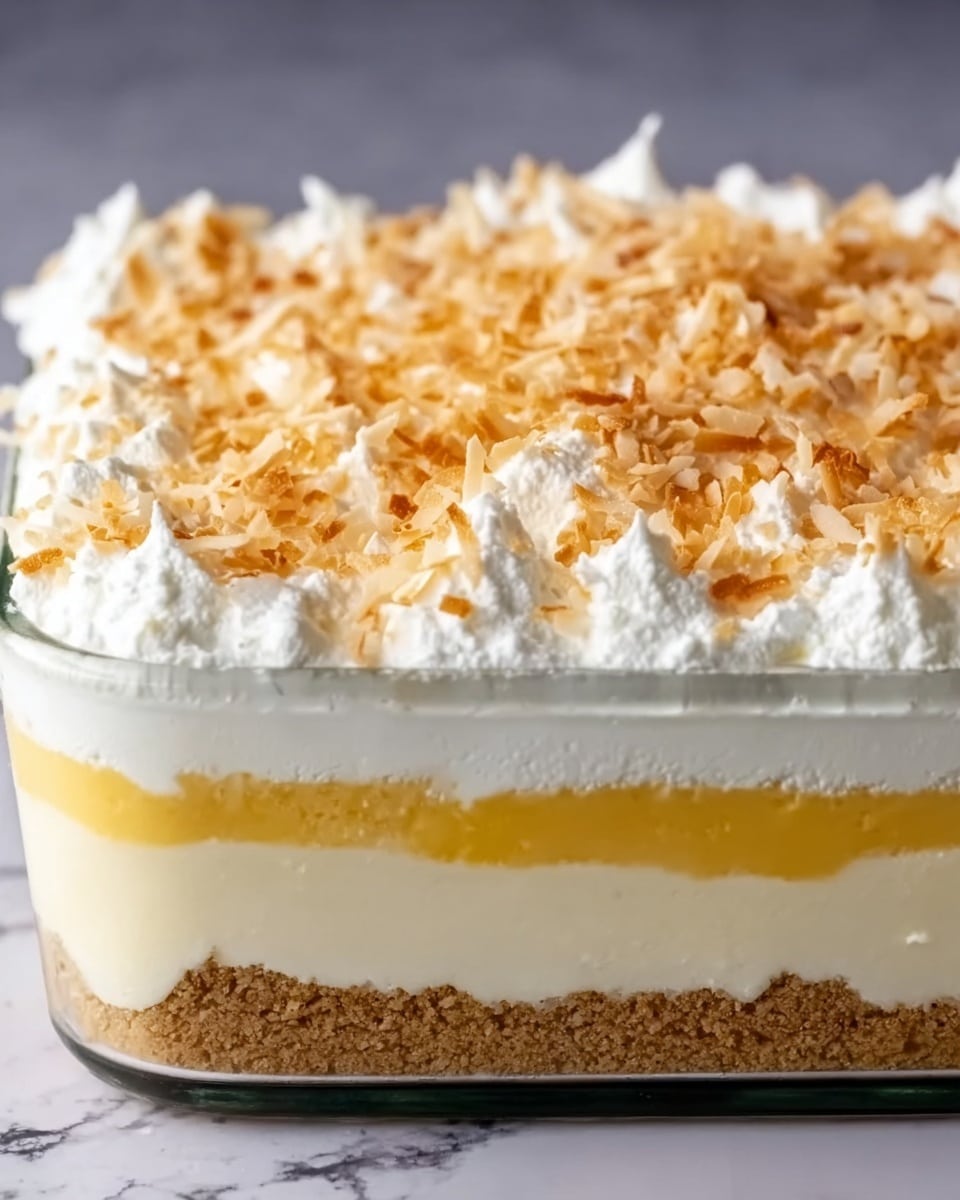 The image shows a layered dessert in a glass dish with four visible layers: a light brown crumbly base at the bottom, a thick creamy white middle layer, a golden yellow layer above it, and a fluffy white whipped topping sprinkled with toasted coconut flakes. Each layer looks smooth and even, and the whipped topping is soft with small peaks. The background surface is white with a marbled texture. photo taken with an iphone --ar 4:5 --v 7