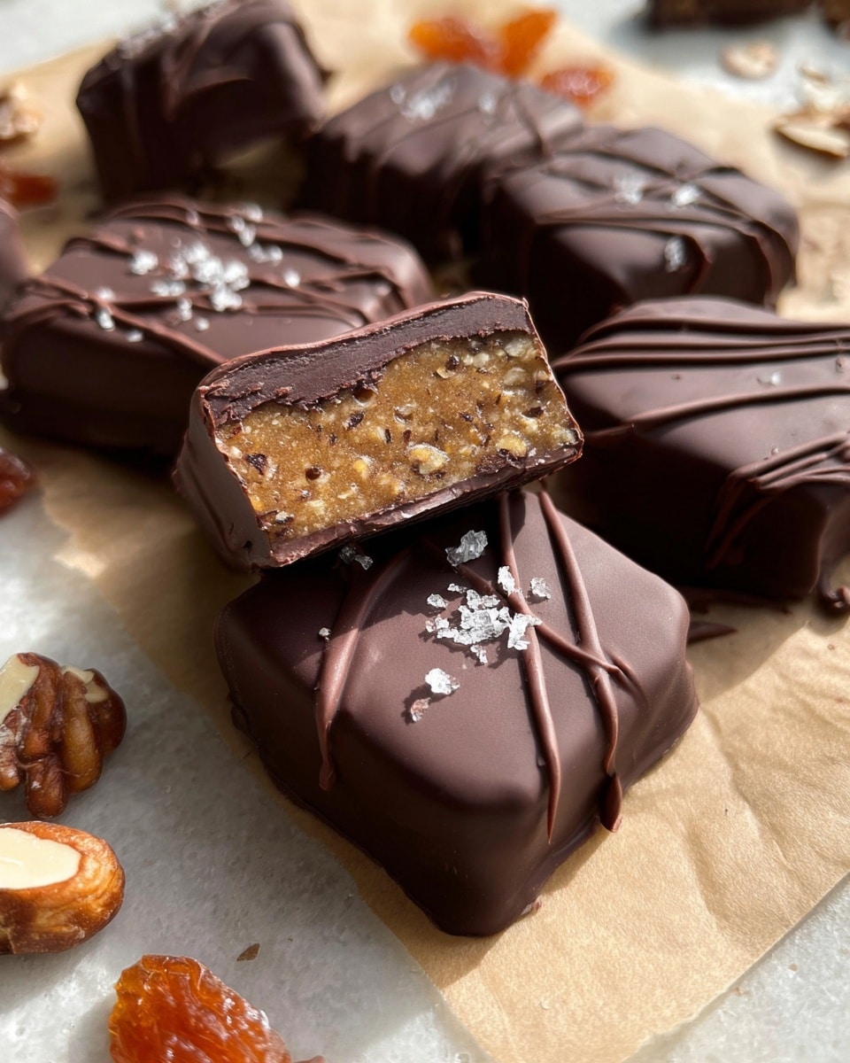 The image shows several square-shaped chocolate-covered treats placed on parchment paper over a white marbled texture. Each treat has a smooth, dark chocolate coating with a few decorative chocolate drizzles on top. One piece is cut in half and placed on another whole piece, showing three layers: a thin glossy outer chocolate layer, a slightly thicker light brown nutty and chewy-looking middle layer with small bits visible, and the same chocolate coating on the bottom. Some flakes of sea salt rest on top of each treat. Small pieces of nuts and dried fruit are scattered around the treats in the background. The overall look is rich and inviting with a combination of smooth and crunchy textures. photo taken with an iphone --ar 4:5 --v 7