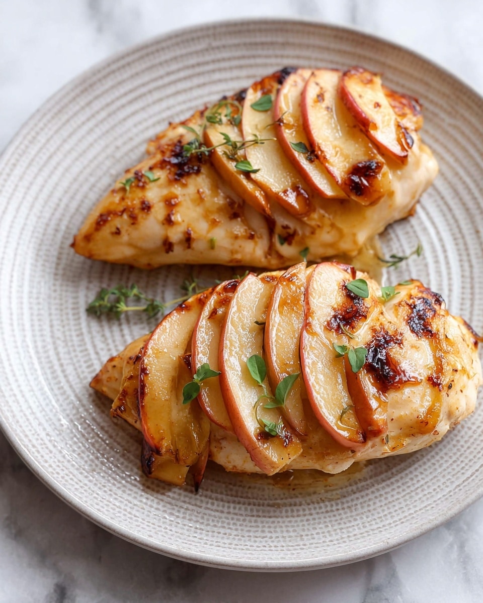 The image shows two cooked chicken breasts on a white plate with a textured, circular pattern, placed on a white marbled surface. Each chicken breast has a layer of thinly sliced apple pieces, golden-brown with some caramelized dark spots, arranged in a fanned pattern under the chicken. The chicken breasts themselves are a light golden color with shiny, slightly crispy skin and garnished with small fresh green herb leaves scattered on top. Photo taken with an iphone --ar 4:5 --v 7