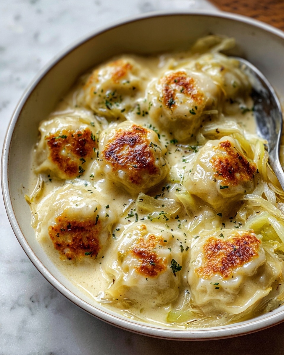 This image shows a white bowl filled with about nine dumplings covered in a thick, creamy white sauce. Each dumpling has a golden-brown toasted spot on top, adding a crispy texture to the soft, smooth surface. The sauce is glossy and coats the dumplings, pooling slightly around the edges with small bits of green herbs sprinkled on top. There are some thin, translucent slices of what appears to be cooked vegetables mixed into the sauce. The bowl is placed on a white marbled surface, and a metal spoon is partially visible on the upper right side inside the bowl. photo taken with an iphone --ar 4:5 --v 7