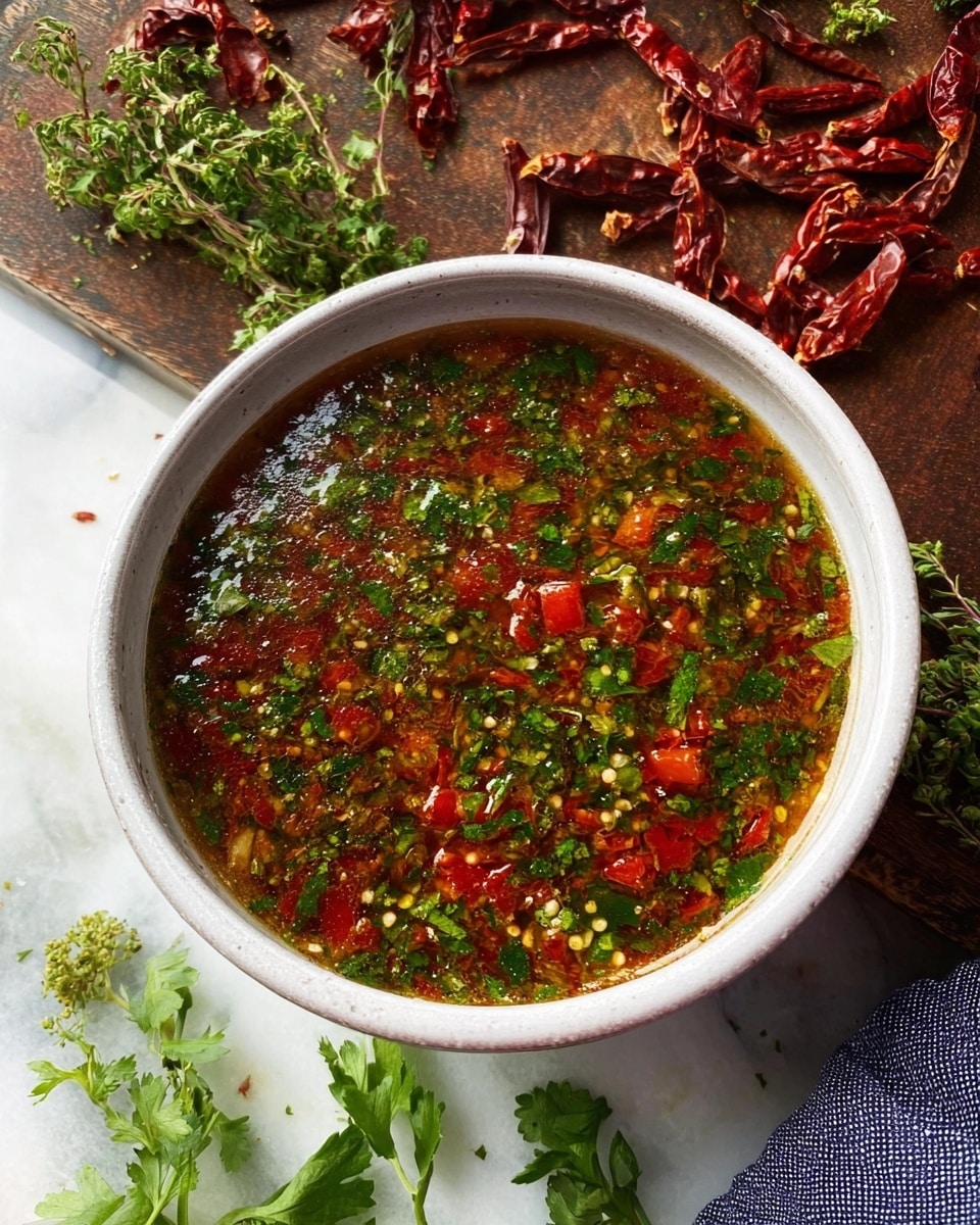 A round white bowl filled with a spicy sauce made of chopped red tomatoes and green herbs, mainly cilantro, floating on top of a liquid base with small seeds and spices visible. The sauce shows layers of finely chopped green stems and leaves mixed with red tomato pieces in a reddish-brown oily broth. The bowl sits on a white marbled surface with some dried red chili peppers and fresh green herb sprigs around it, creating a fresh and vibrant look. photo taken with an iphone --ar 4:5 --v 7