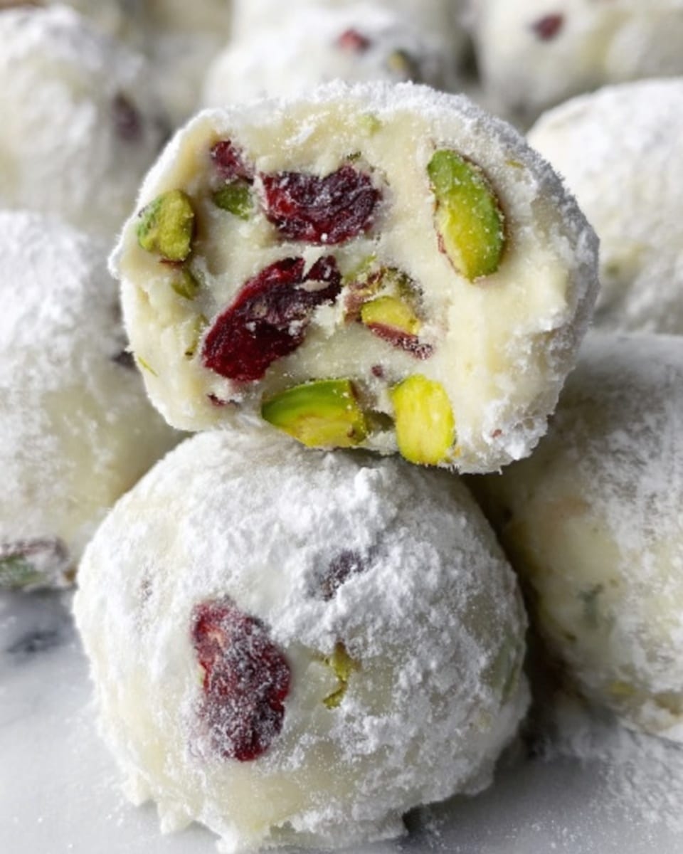 A close-up of a round white treat coated in powdered sugar, broken open to show a creamy, smooth inside with visible pieces of bright green pistachios and red dried cranberries spread evenly throughout. The texture inside looks soft and slightly crumbly. The background is white marbled. Photo taken with an iphone --ar 4:5 --v 7