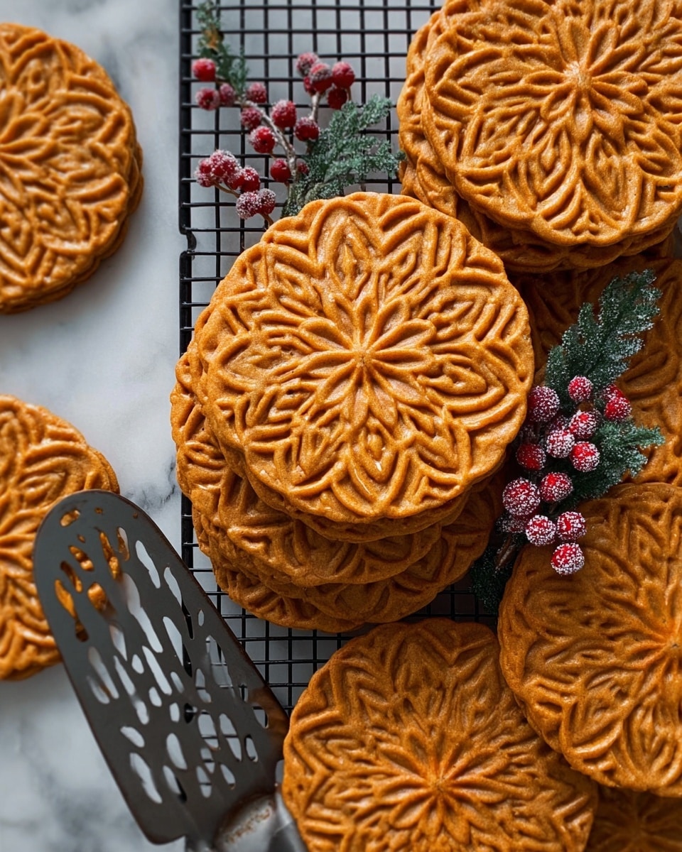 The image shows several golden brown pizzelle cookies with detailed floral patterns, arranged on a black cooling rack over a white marbled surface. Each cookie has one layer with crisp edges and a uniform design featuring a central flower surrounded by petal-like shapes. There is a cluster of small frosted red berries and green leaves near the center, adding a touch of color and texture. A metal spatula with cut-out designs is partially visible at the bottom left, holding up some cookies. The lighting highlights the warm tones and intricate details of the cookies, creating a cozy, fresh-baked feel. Photo taken with an iphone --ar 4:5 --v 7