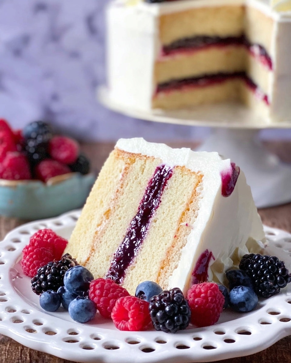 A slice of three-layer vanilla cake sits on a white plate with decorative holes around the edge, placed on a white marbled surface. Each cake layer is light golden and soft, separated by two thin, dark purple berry jam layers. The cake is covered on the outside with smooth white frosting, topped with a mix of fresh berries including bright red raspberries, dark blackberries, and deep blue blueberries, clustered on the side of the slice. In the background, the rest of the cake is visible, showing the same layers and colors. Photo taken with an iphone --ar 4:5 --v 7