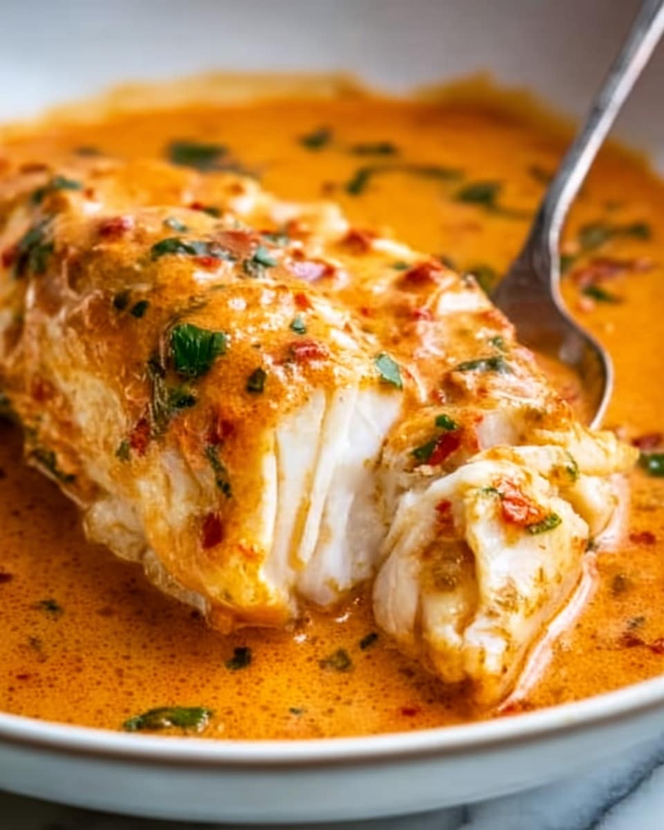 A close-up image of a thick, orange creamy sauce with small green herb pieces scattered on top, partially covering a flaky white fish fillet with light brown, slightly crispy edges. The fish sits on a white plate against a white marbled background, and a spoon is scooping some sauce and fish from the side. The sauce looks smooth with visible small bits, and the fish shows soft, flaky layers inside. Photo taken with an iphone --ar 4:5 --v 7