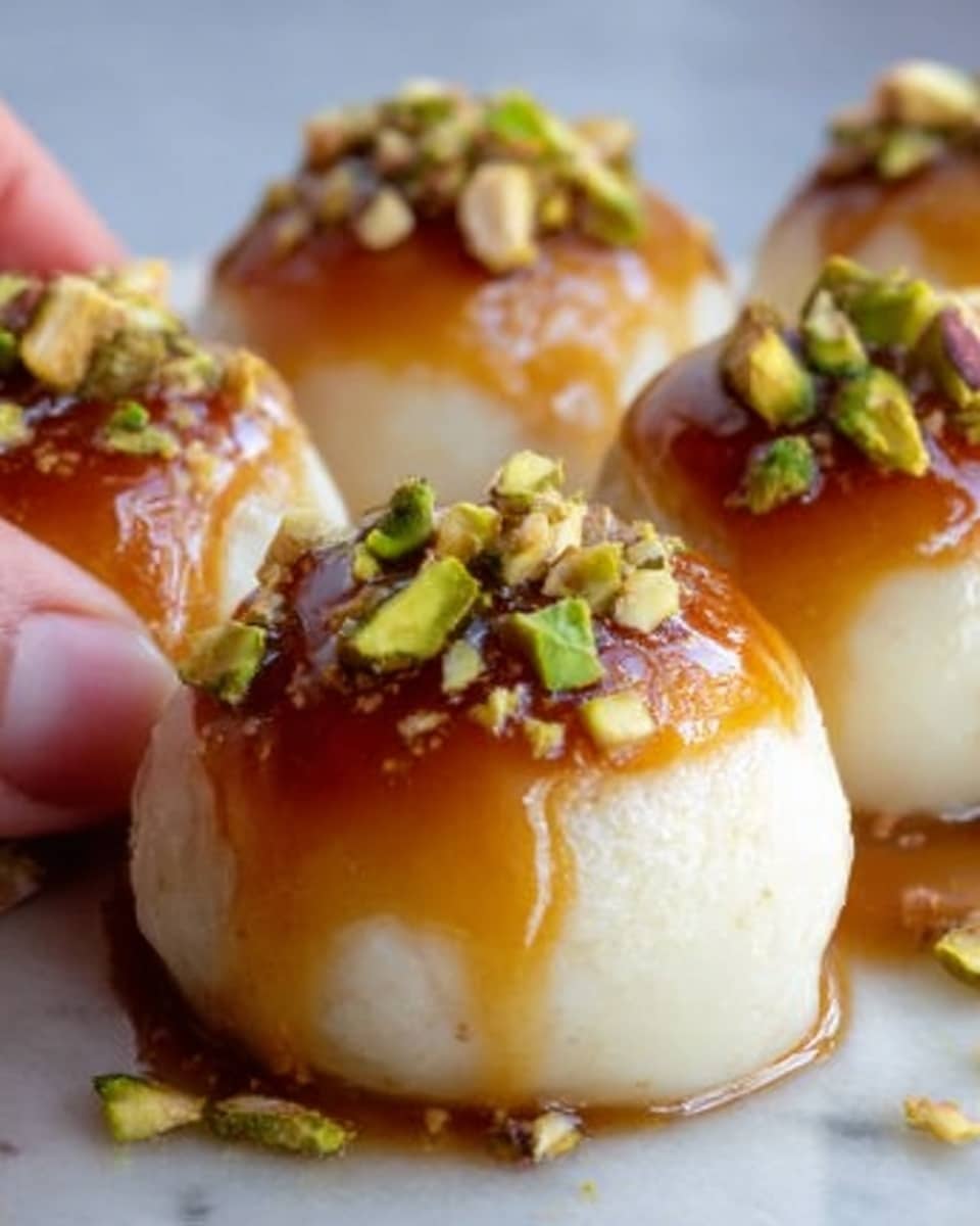 The image shows four small round sweets arranged closely on a white plate, each topped with a thick golden caramel layer that looks smooth and shiny. Below the caramel, there is a creamy white base that has a soft and slightly grainy texture. Each sweet is garnished with small pieces of green pistachios and a light sprinkle of white flakes, adding a touch of color and texture contrast. The plate sits on a white marbled surface, creating a clean and elegant background. photo taken with an iphone --ar 4:5 --v 7