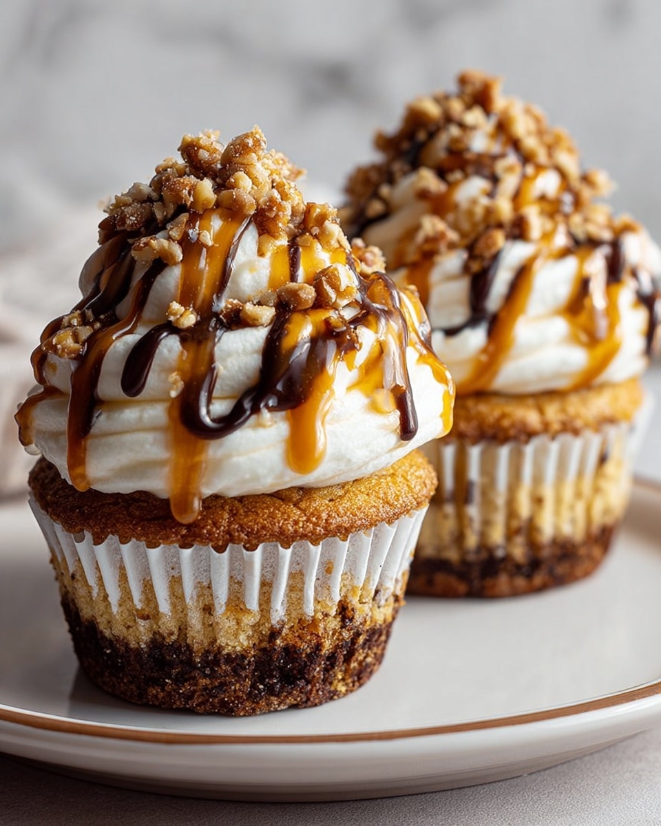 Two cupcakes sit on a white plate with gold trim, placed on a white marbled surface. Each cupcake has three visible layers: the bottom layer is a light brown cake wrapped in a white and dark speckled paper liner; above it is a thick swirl of white creamy frosting; the top is drizzled with dark chocolate and golden caramel sauces and sprinkled with chopped nuts. The frosting is tall and textured with soft peaks. Photo taken with an iphone --ar 4:5 --v 7