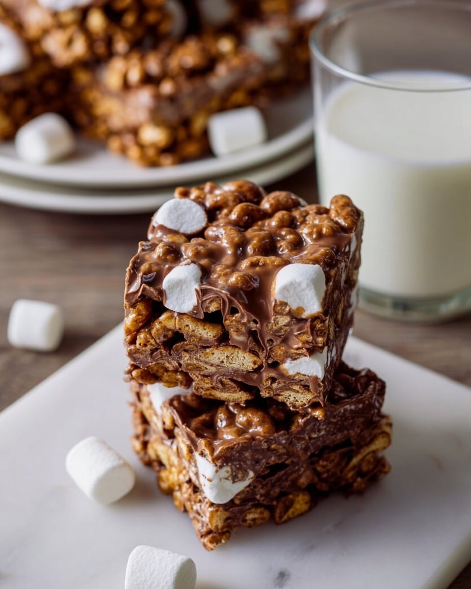 The image shows two stacked dessert squares on a piece of white parchment paper, placed on a white marbled surface. Each square is made of three layers: the bottom layer is a crunchy, light brown cereal base; the middle layer consists of melted chocolate evenly spread, giving a smooth, glossy dark brown color; the top layer has mixed cereal pieces coated with more melted chocolate, some oats and a few small white marshmallows scattered around, adding texture and contrast. Nearby, there is a clear glass filled with milk, adding a fresh look to the scene. photo taken with an iphone --ar 4:5 --v 7